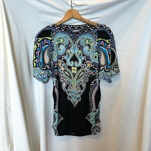 New York and Company Stretch Blouse Blk/Blue/Yellow Medium